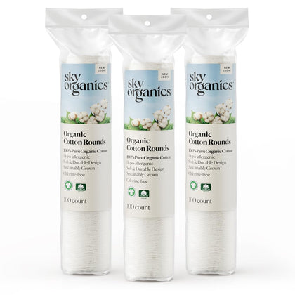 Sky Organics Organic Cotton Rounds for Sensitive Skin, 100% Pure GOTS Certified Organic for Beauty & Personal Care, 300 ct.