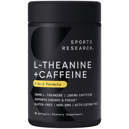 Sports Research L-Theanine Supplement with Caffeine & Coconut MCT Oil - Focused Energy, Alertness & Relaxation Without Drowsiness - 200mg L Theanine, 100mg Organic Caffeine - 60 Liquid Softgels