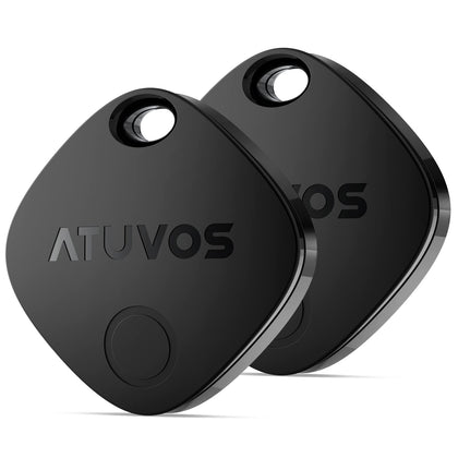 ATUVOS Key Finder Locator, Bluetooth Tracker Works with Apple Find My (iOS only), IP67 Waterproof, Privacy Protection, Lost Mode, Item Locator for Suitcase, Bags, and More 2 Pack Black