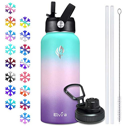 Elvira 32oz Vacuum Insulated Stainless Steel Water Bottle with Straw & Spout Lids, Double Wall Sweat-proof BPA Free to Keep Beverages Cold For 24Hrs or Hot For 12Hrs-Green/Pink/Purple Gradient