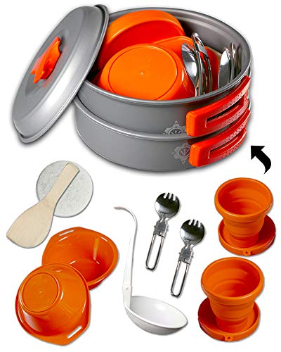 Camping Cookware Kits - BPA-Free Non-Stick Anodized Aluminum Mess Kits - Complete Lightweight Mini Folding Pot Kits with Utensils for Camping Hiking Backpacking and Survival Cooking (13 Piece Set)
