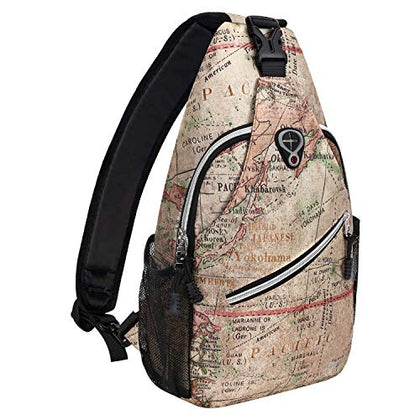 MOSISO Sling Backpack,Travel Hiking Daypack Pattern Rope Crossbody Shoulder Bag, Camel Base World Map