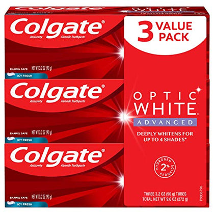 Colgate Optic White Advanced Teeth Whitening Toothpaste, 2% Hydrogen Peroxide Toothpaste, Icy Fresh, 3.2 Oz, 3 Pack
