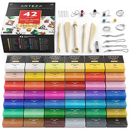 Arteza Polymer Clay Kit, Modeling Clay Oven Bake for Adults and Teens with 5 Sculpting Tools, 42 Colors, Made for Clay Earrings, Jewelry Making and Crafts