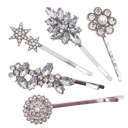 5-Pack Vintage Crystal Decorative Bobby Pins Hair Accessories Silver Tone Women