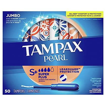 Tampax Pearl Tampons Super Plus Absorbency, with Leakguard Braid, Unscented, 50 Count