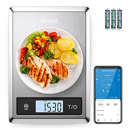 RENPHO Digital Food Scale, Kitchen Scale Weight Grams and oz for Baking, Cooking and Coffee with Nutritional Calculator for Keto, Macro, Calorie and Weight Loss with Smartphone App, Stainless Steel