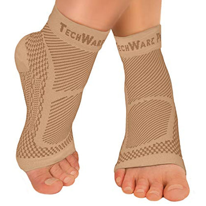 TechWare Pro Ankle Brace Compression Sleeve - Relieves Achilles Tendonitis, Joint Pain. Plantar Fasciitis Foot Sock with Arch Support Reduces Swelling & Heel Spur Pain. (Beige, S/M)