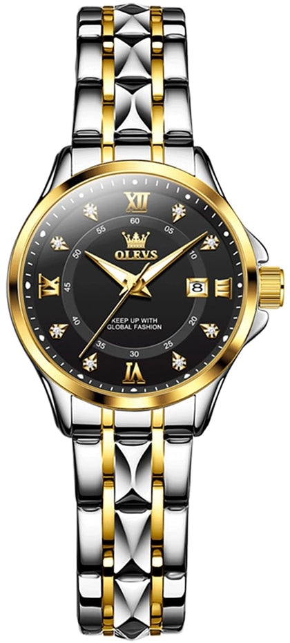 OLEVS Watches Women Diamond Elegant Black and Gold Watch Date Ouartz Waterproof Dress Watch Ladies Two Tone Stainless Steel Watches