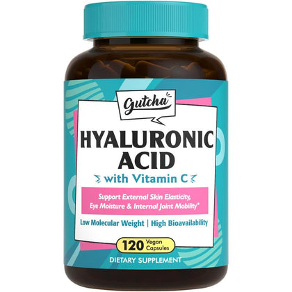 Gutcha Hyaluronic Acid, Ultra Strength with Vitamin C, Low Molecular Weight, High Stability & Bioavailability, Anti-Aging Formula for Joints, Skin & Eyes, Vegan, Once Daily, Non-GMO, 120 Caps