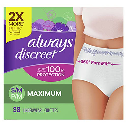 Always Discreet Incontinence & Postpartum Incontinence Underwear for Women, Small/Medium, Maximum Absorbency, Disposable, 38 Count