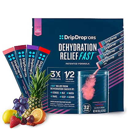 DripDrop Hydration - Electrolyte Powder Packets - Grape, Fruit Punch, Strawberry Lemonade, Cherry - 32 Count