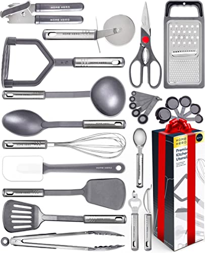 Home Hero Kitchen Utensils Set - Cooking Utensils Set with Spatula - First Home Essentials Utensil Sets - Household Essentials - Kitchen Gadgets & Kitchen Tool Gift (25 Pcs Set - Nylon Gray)