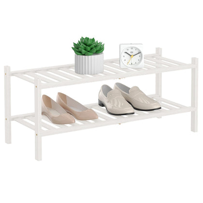 RONGJIA 2-Tier Natural Bamboo Shoe Rack - Stackable Storage Shelf with Multi-Function Combinations - Free Standing Shoe Racks for Convenient Shoe Organization?White? 11