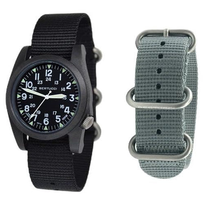 BERTUCCI 13386B Unisex Analog Japanese Quartz Watch - Black Dial Black, Vintage Drab Nylon Band - 100 Meters Water Resistant Depth Japanese Quartz Watch