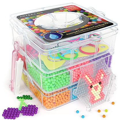 ARTEZA Kids Water Fuse Beads Kit, 9600 Beads, 12 Colors, with Storage Case, 34 Assorted Designs, 5 Templates, 10 Key Rings, 1 Instruction Sheet, & Plastic Tools, Craft Supplies for Kids Activities