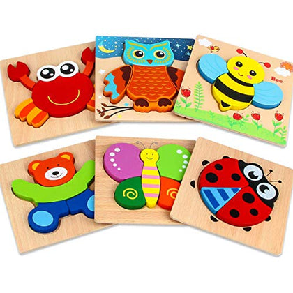 Dreampark Wooden Puzzles for Toddlers Ages 1-3, Montessori Toys for 1 2 3 Years Old Girls Boys Baby Kids Puzzle Learning Educational Christmas Birthday Gifts Toys 6 Pack Animal Jigsaw Puzzle