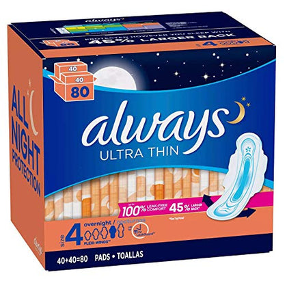 Always Always Ultra Thin Size 4 Overnight Pads with Wings Unscented 80 Ct.