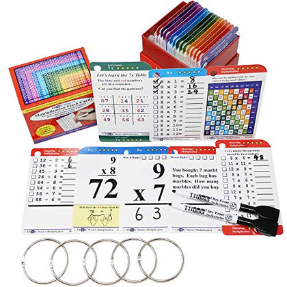 Think2Master Premium 215 Laminated Multiplication Flash Cards. (All 0-12 X facts)| Learn More Than Multiplication.| BONUS: 2 Dry Erase Markers & 5 Rings. | Designed By A Teacher to Improve Test Scores