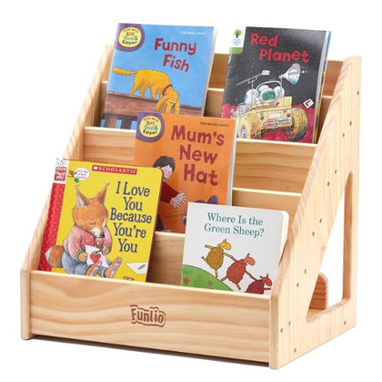 FUNLIO Montessori Bookshelf for Toddlers 1-5 Years, Front-Facing Kids Bookshelf with Handle & Anti-Tilting Device, Premium Pine Baby Bookshelf, Children's Bookcase for Nursery/Classroom, CPC Certified