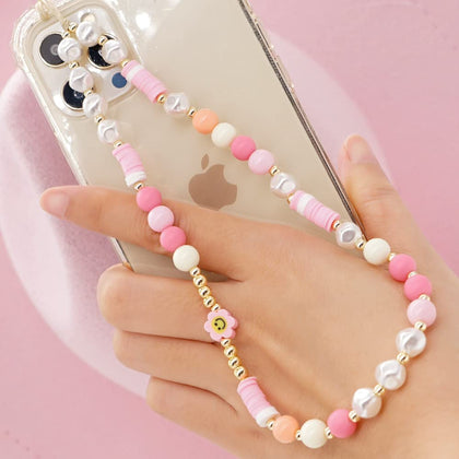 SYSUII Beaded Phone Lanyard, Kawaii Smiley Face Colorful Rainbow Wrist Chain Strap for Women Girls Beads Pearl Bracelet Keychain Cute Anti-Lost Phone String Decoration Accessory