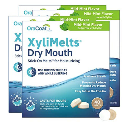 OraCoat XyliMelts Dry Mouth Relief Moisturizing Oral Adhering Discs Mild Mint with Xylitol, for Dry Mouth, Stimulates Saliva, Non-Acidic, Day and Night Use, Time Release for up to 8 Hours, 4 Pack