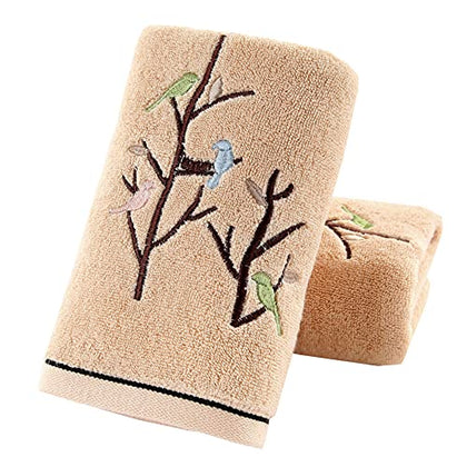 Pidada Hand Towels Set of 2 Embroidered Bird Tree Pattern 100% Cotton Absorbent Soft Decorative Towel for Bathroom 13.8 x 29.5 Inch (Brown)