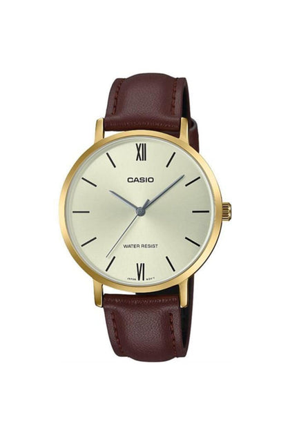 Casio LTP-VT01GL-9B Women's Minimalistic Gold Tone Brown Leather Band Gold Dial 3-Hand Analog Watch