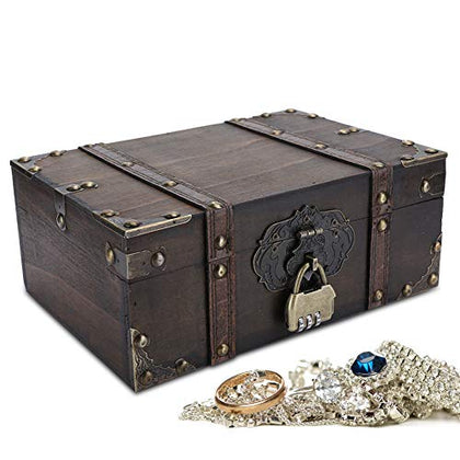 YUYTE Vintage Wooden Boxes With Lock - Pirate Treasure Chest with Iron Code Lock - Wooden Storage and Decorative Box Treasure Jewelry Chest - Small Wood Box with Lid Keepsake Box