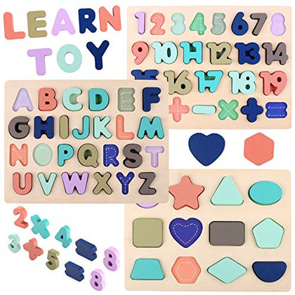 Wooden Puzzles for Toddlers, Voamuw Wooden Alphabet Number Shape Puzzle Toddler Education Learning Toys for Kids Ages 3 4 5 Years Old (Set of 3)