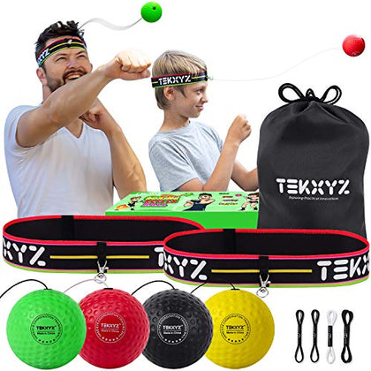 TEKXYZ Boxing Reflex Ball Family Pack, 2 Adjustable Headbands + 2 Novice Reflex Balls + 1 Veteran Reflex Ball + 1 Boxer Reflex Ball and More