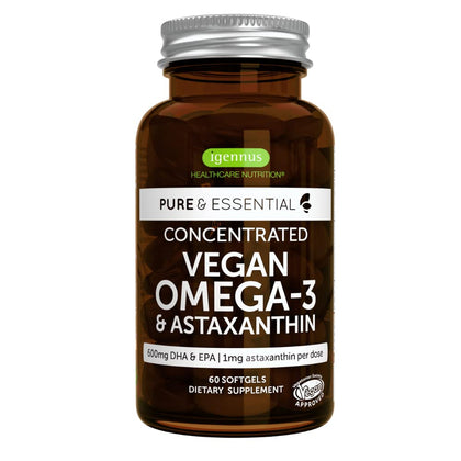 Pure & Essential Vegan Omega 3 & Astaxanthin, High Concentration EPA DHA Algae Oil, Non-GMO, Sustainable & Pure, 600mg DHA & EPA for Heart, Brain & Eyes, 60 Small Softgels
