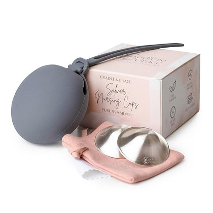 Cradle & Grace Pure 999 Silver Nursing Cups + Carrying Case | Silver Nipple Covers Breastfeeding Essentials | Silver Nipple Shields for Nursing Moms | Nipple Shield Breastfeeding Soreness Relief