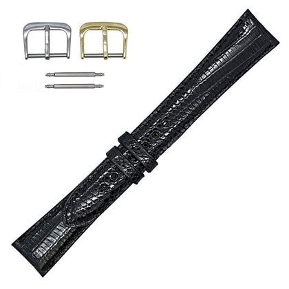 Real Leather Creations 16mm REGULAR Black Genuine Lizard Watch Strap - Gold and Silver Buckles Included - Factory Direct - Made in USA - FBA144