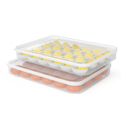 77L Deviled Egg Carrier with Lid, (Set of 2), Plastic Egg Holder for Refrigerator for 48 Eggs, Clear Storage Deviled Egg Containers Tray, Fridge Stackable Countertop Portable Egg Dispenser