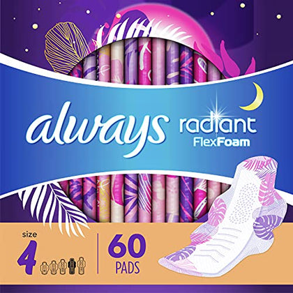 Always Radiant Feminine Pads for Women, Size 4 Overnight Pads, With Flexfoam, with Wings, Light Clean Scent, 20 Count x 3 Packs (60 Count Total)
