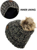 C.C Thick Cable Knit Faux Fuzzy Fur Pom Fleece Lined Skull Cap Cuff Beanie, 2 Tone Black/Dark Beige