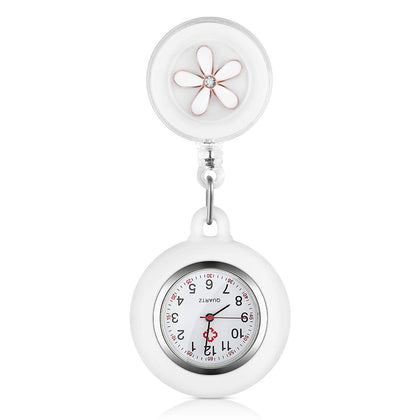 Hemobllo Retractable Nurse Watch Portable Pocket Watch Clip On Watch Cute Leaves Watch with Second Hand for Doctor White