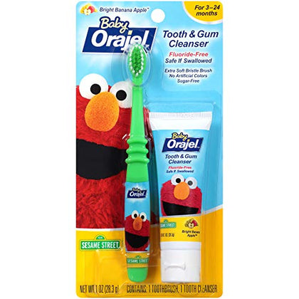 Orajel Elmo Fluoride-Free Tooth & Gum Cleanser with Toothbrush, Combo Pack, Banana Apple Flavored Non-Fluoride, 2 Piece Set