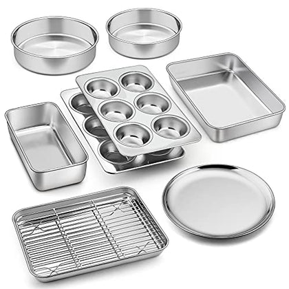 9 Pcs Bakeware Set, P&P CHEF Stainless Steel Kitchen Bakeware Pans, Including Toaster Oven Pan/Cooling Rack/Lasagna Pan/Round Cake Pans/Muffin/Loaf/Pizza Pan, Healthy & Durable, Dishwasher Safe
