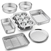 9 Pcs Bakeware Set, P&P CHEF Stainless Steel Kitchen Bakeware Pans, Including Toaster Oven Pan/Cooling Rack/Lasagna Pan/Round Cake Pans/Muffin/Loaf/Pizza Pan, Healthy & Durable, Dishwasher Safe