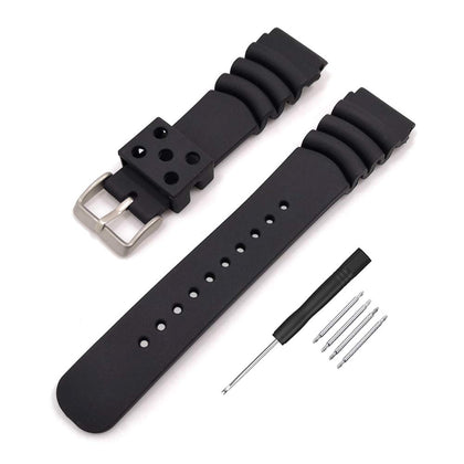 Narako Black Silicone Rubber Curved Line Watch Band 20mm 22mm 24mm Fit for Seiko Watches Extra Long Replacement Divers Model Sport Watch Strap for Men and Women (18mm)