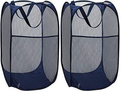 Collapsible Mesh Pop Up Laundry Hamper with Wide Opening and Side Pocket - Breathable, Sturdy, Foldable, and Space-Saving Design for Laundry Clothes and Storage. (Blue | 2-Pack)