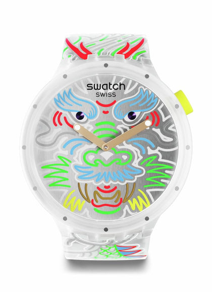 Swatch Unisex Casual Clear Bio-Sourced Quartz Watch Dragon in Cloud