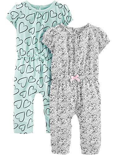 Simple Joys by Carter's Baby Girls' Fashion Jumpsuits, Pack of 2, Mint Green Hearts/White Dots, 12 Months