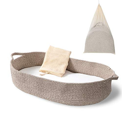 Baby Changing Basket - Moses Basket Changing Table Topper and Thick Foam Pad with Removable Cotton Mattress Cover, 100% Cotton Boho Nursery Decor in Coffee Color with Storage Bag