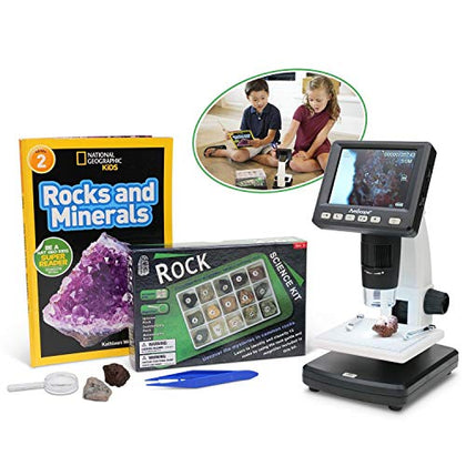 IQCREW by AmScope Kid's Premium Portable LCD Color Digital Microscope with Rock and Mineral Collecting Look and Learn Activity Kit