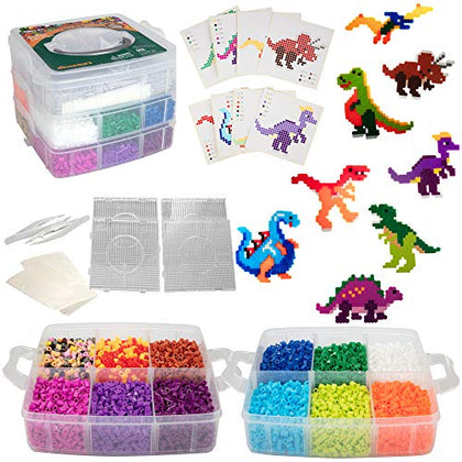 8,000pc DIY Complete Fuse Bead Kit w Carrying Case - Dinosaurs - 18 Colors, 8 Unique Templates, 4 Peg Boards, Tweezers, Ironing Paper - Works w Perler Beads, Pixel Art Color by Numbers Toy Project
