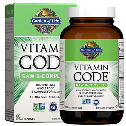 Garden of Life Raw B Complex - Vitamin Code - 60 Vegan Capsules, High Potency Vitamins for Energy & Metabolism with B2 Riboflavin, B1, B3, B6, Folate, B12 as Methylcobalamin & Biotin Plus Probiotics