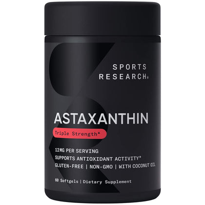 Sports Research Triple Strength Astaxanthin 12mg with Organic Coconut Oil - Antioxidant Supplement, Non-GMO Verified & Gluten Free - 60 Softgels